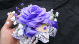 Purple white wrist corsage, Customizable, silk flower corsage, country, rustic, camo accent, baby's breath, prom corsage
