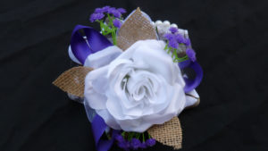 Purple white wrist corsage, Customizable, silk flower corsage, country, rustic, camo accent, baby's breath, prom corsage, burlap