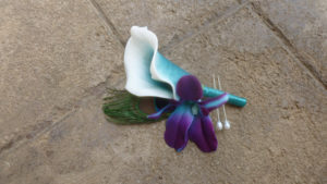 Teal real touch calla boutonniere, galaxy orchid, peacock feather, botton hole, purple blue orchid