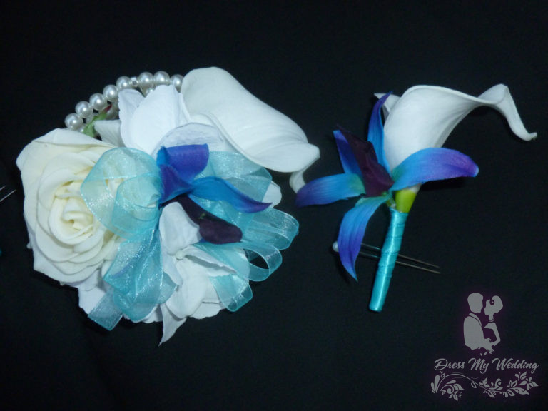 Dress My Wedding – Cosage and boutonniere set, real touch rose, calla ... White And Baby Blue Corsage