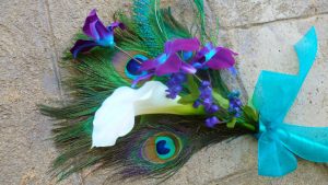 Peacock feather, calla lily orchid bouquet, purple babys breath, teal purple small bouquet, bridesmaid bouquet