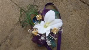 Orchid wrist corsage with peacock feathers, gold, teal, wrist corsage to match peacock theme - Image 3