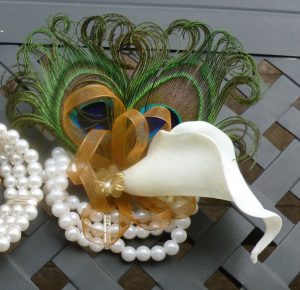 Calla lily peacock feather wrist corsage, pearl corsage with gold ribbon, artificial flower corsage,