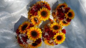 Sunflower, garden mum, silk flower bouquet, orange, yellow, red, fall bouquet, rustic country wedding, baby's breath - Image 3