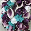 Plum purple cascading bouquet with picasso calla lilies, turquoise  hydrangea, rose, teardrop bouquet, artificial flowers - Image 3