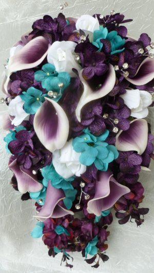 Plum purple cascading bouquet with picasso calla lilies, turquoise  hydrangea, rose, teardrop bouquet, artificial flowers - Image 3