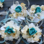 1 Champagne, ivory and turquoise rose wrist corsage, hydrangea, silk flower corsage, wedding, prom