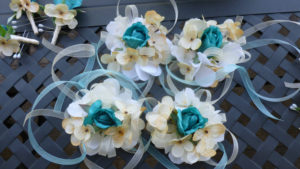 1 Champagne, ivory and turquoise rose wrist corsage, hydrangea, silk flower corsage, wedding, prom