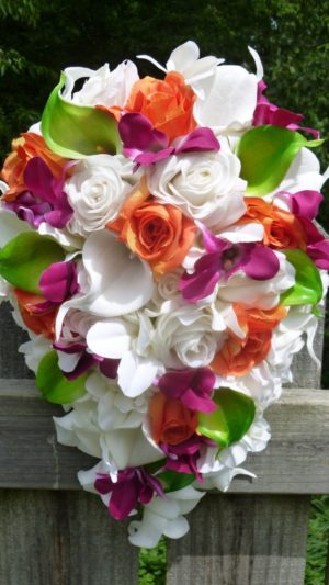 Ivory, orange, fuchsia, green bride bouquet, artificial flower bouquet, rose calla lily, orchid bouquet, teardrop bouquet, cascade - Image 4