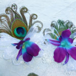 Galaxy orchid peacock feather wrist corsage, purple blue orchid corsage with pearl wristelt