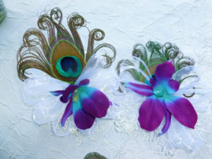 Galaxy orchid peacock feather wrist corsage, purple blue orchid corsage with pearl wristelt