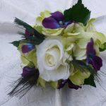 Small galaxy orchid, green hydrangea bouquet with ivory rose, purple blue orchid, toss away bouquet, bridesmaid bouquet