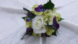 Small galaxy orchid, green hydrangea bouquet with ivory rose, purple blue orchid, toss away bouquet, bridesmaid bouquet