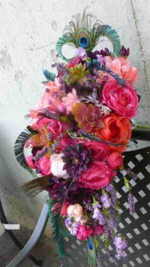 Pink, coral, sangria, plum purple cascading bouquet, peacock feathers, bridal teardrop bouquet - Image 4