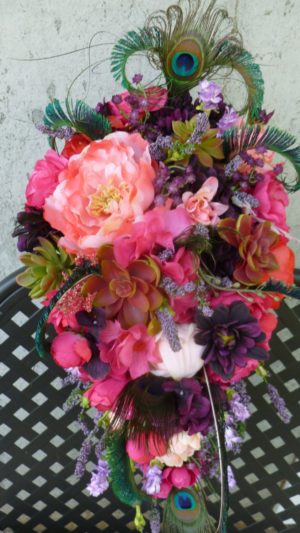 Pink, coral, sangria, plum purple cascading bouquet, peacock feathers, bridal teardrop bouquet - Image 3