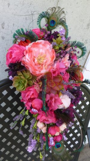 Pink, coral, sangria, plum purple cascading bouquet, peacock feathers, bridal teardrop bouquet - Image 2