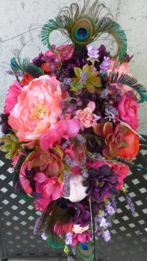 Pink, coral, sangria, plum purple cascading bouquet, peacock feathers, bridal teardrop bouquet - Image 5
