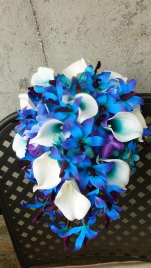 Purple, teal, blue bridal bouquet, purple blue orchids, picasso calla, teal purple hydrangea bouquet, bridal bouquet