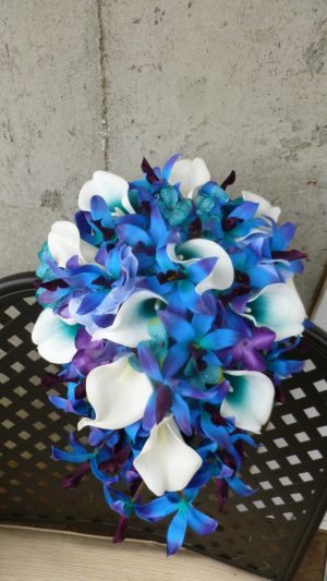 Purple, teal, blue bridal bouquet, purple blue orchids, picasso calla, teal purple hydrangea bouquet, bridal bouquet - Image 4