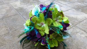 Green orchid, teal picasso calla and galaxy orchid bridal bouquet with peacock - Image 2