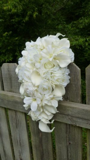 Ivory, cream cascading bridal bouquet with added hydrangas - Image 5