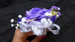Purple white wrist corsage, Customizable, silk flower corsage, country, rustic, camo accent, baby's breath, prom corsage - Image 3