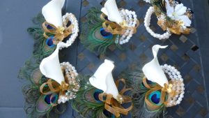 Calla lily peacock feather wrist corsage, pearl corsage with gold ribbon, artificial flower corsage, - Image 2