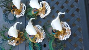 Calla lily peacock feather wrist corsage, pearl corsage with gold ribbon, artificial flower corsage, - Image 3