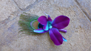 peacock feather, galaxy orchid boutonniere, button hole, groom, groomsmen