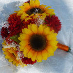 Sunflower, garden mum, silk flower bouquet, orange, yellow, red, fall bouquet, rustic country wedding, baby's breath