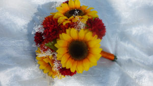 Sunflower, garden mum, silk flower bouquet, orange, yellow, red, fall bouquet, rustic country wedding, baby's breath