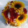 Sunflower, garden mum, silk flower bouquet, orange, yellow, red, fall bouquet, rustic country wedding, baby's breath - Image 2