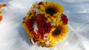 Sunflower, garden mum, silk flower bouquet, orange, yellow, red, fall bouquet, rustic country wedding, baby's breath - Image 2
