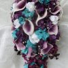 Plum purple cascading bouquet with picasso calla lilies, turquoise  hydrangea, rose, teardrop bouquet, artificial flowers - Image 2