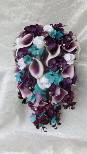 Plum purple cascading bouquet with picasso calla lilies, turquoise  hydrangea, rose, teardrop bouquet, artificial flowers - Image 2