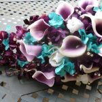 Plum purple cascading bouquet with picasso calla lilies, turquoise  hydrangea, rose, teardrop bouquet, artificial flowers