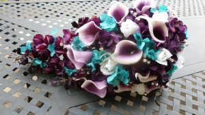 Plum purple cascading bouquet with picasso calla lilies, turquoise  hydrangea, rose, teardrop bouquet, artificial flowers