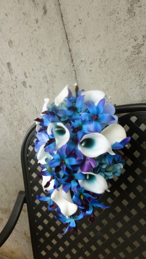 Purple, teal, blue bridal bouquet, purple blue orchids, picasso calla, teal purple hydrangea bouquet, bridal bouquet - Image 3