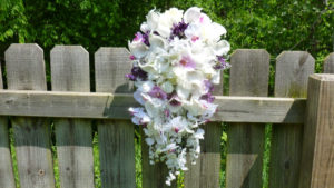 Cascading, calla, tulip, lilac, orchid bridal bouquet with baby's breath, roses - Image 2