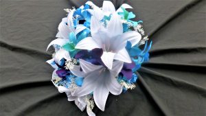 Blue orchid and white cassablanca lily bouquet - Image 3