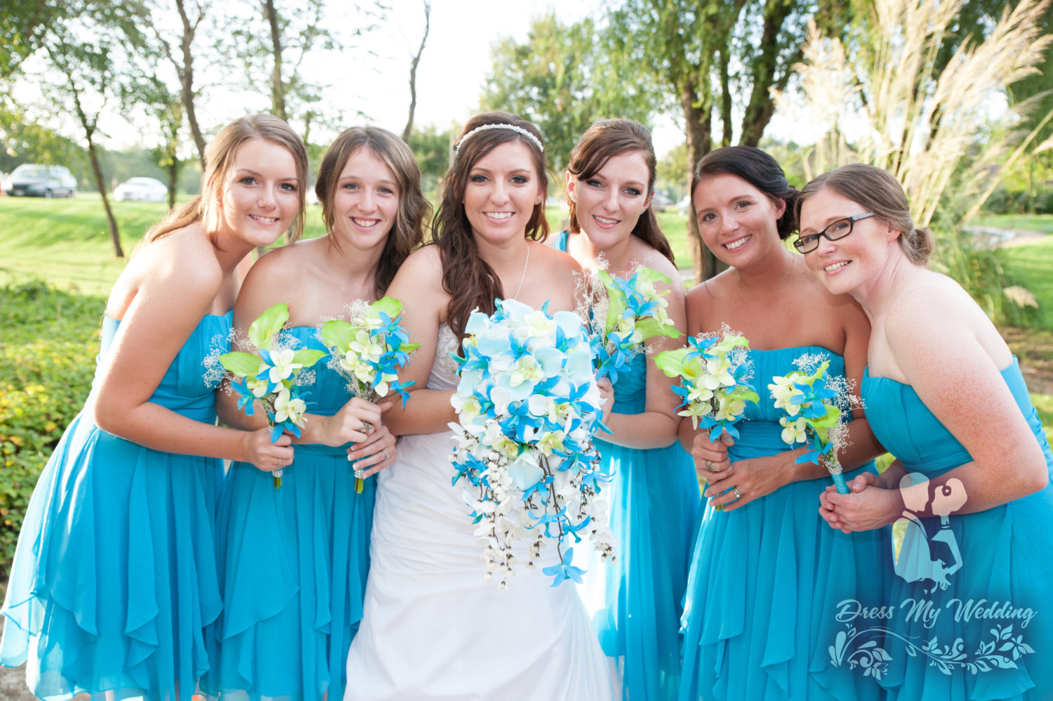 Dress My Wedding – Turquoise and lime green cascading bouquet
