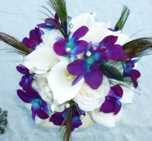 Real touch roses, real touch calla bridal bouquet with galaxy orchids, small bouquet, peacock feathers, rhinestones, artificial bouquet