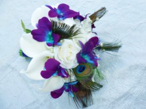 Real touch roses, real touch calla bridal bouquet with galaxy orchids, small bouquet, peacock feathers, rhinestones, artificial bouquet - Image 4