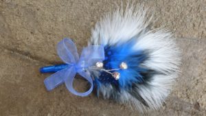 Feather boutonniere, corsage, rhinestone, blue feather boutonniere