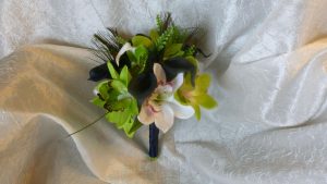 Cymbidium orchid and calla lily bouquet with peacock feathers - Image 5