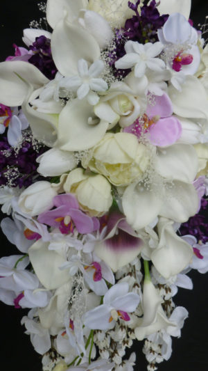 Cascading, calla, tulip, lilac, orchid bridal bouquet with baby's breath, roses - Image 4