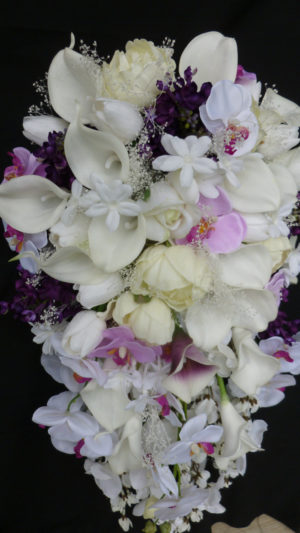 Cascading, calla, tulip, lilac, orchid bridal bouquet with baby's breath, roses - Image 3