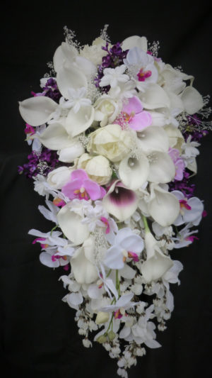 Cascading, calla, tulip, lilac, orchid bridal bouquet with baby's breath, roses - Image 5