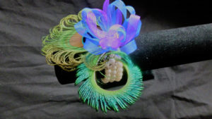 Peacock wrist corsage on pearl bracelet, peacock feather corsage, wristlet, customizable