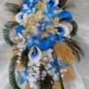 Cascading bridal bouquet with royal blue, gold, champagne flowers, feathers - Image 3